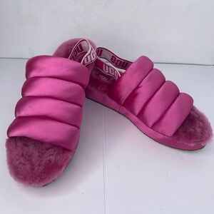 UGG Women's Fuchsia Pink Fluffy Slide Sheepskin Fluff Yeah Satin Sandals